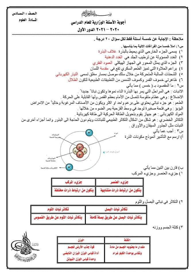 اسئلة العلوم الدور الاول للصف السادس الابتدائي 2021 مع الاجوبة %D8%A7%D9%84%D8%B9%D9%84%D9%88%D9%85-2