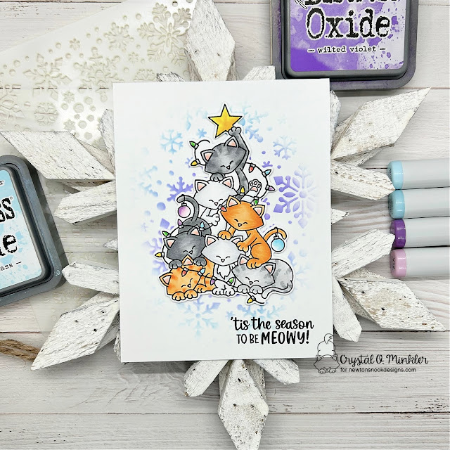 'Tis the season to be meowy by Crystal features Cat Christmas Tree and Snowfall by Newton's Nook Designs; #inkypaws, #newtonsnook, #catcards, #christmascards, #cardchallenge, #holidaycards, #cardmaking