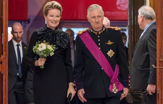Queen Mathilde wore a black gown by Armani Prive at the Gala Concert. Diamond Fringe earrings