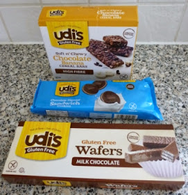 I was given samples of the new Soft n' Chewy Chocolate Banana Cereal Bars, Chocolate Flavour Sandwich Cookies and the Milk Chocolate Wafers by the Udi's team at the Allergy and Free From Show. So far I've had one of the chocolate banana bars, which was nice