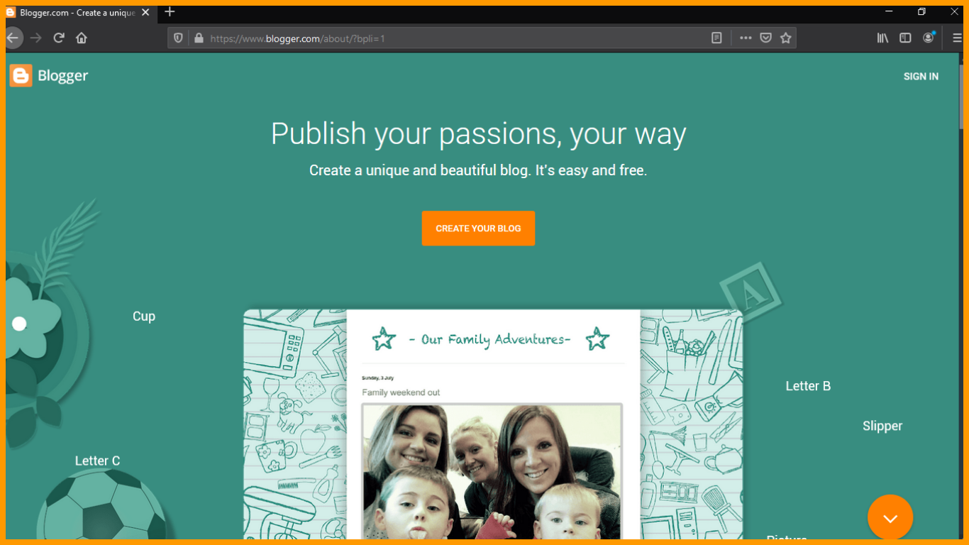 Sign In/Up screen of Blooger.com