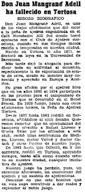 Noticia del fallecimiento de Joan Mangrané Adell en 1944