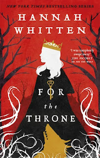 Cover of book "For the Throne" by Hannah Whitten. Against a red background, the figure of a queen in profile, looking to the left. We know she is a queen because she wears a golden circlet on her head and a dark, regal robe. Her profile and hair are blank, white, and about her neck hangs a golden key. Below the key, also in gold, a wold is silhouetted. Behind her, on either side, are black, skeletal trees and reaching up from the bottom of the cover and the lower left and right, below the trees, white tendrils writhe - perhaps mist?