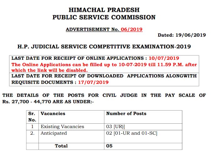 POSTS OF  CIVIL JUDGE - H.P. JUDICIAL SERVICE COMPETITIVE EXAMINATION-2019 - last date 10/07/2019