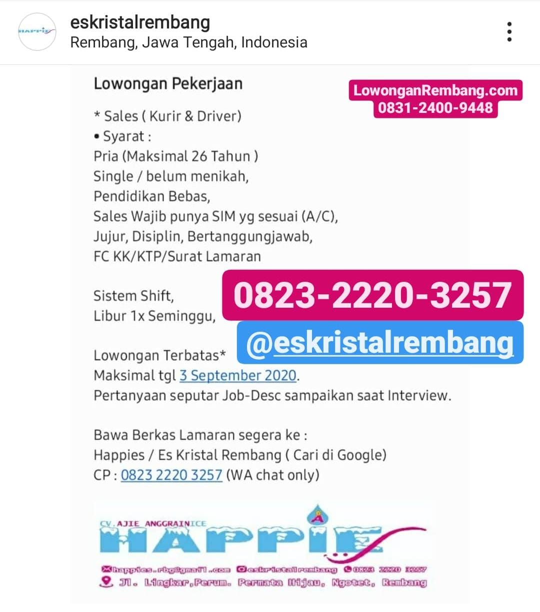 TANPA SYARAT PENDIDIKAN Untuk Lowongan Kerja Kurir Dan Driver Happies Es Kristal Rembang GRATIS Tanpa Dipungut Biaya