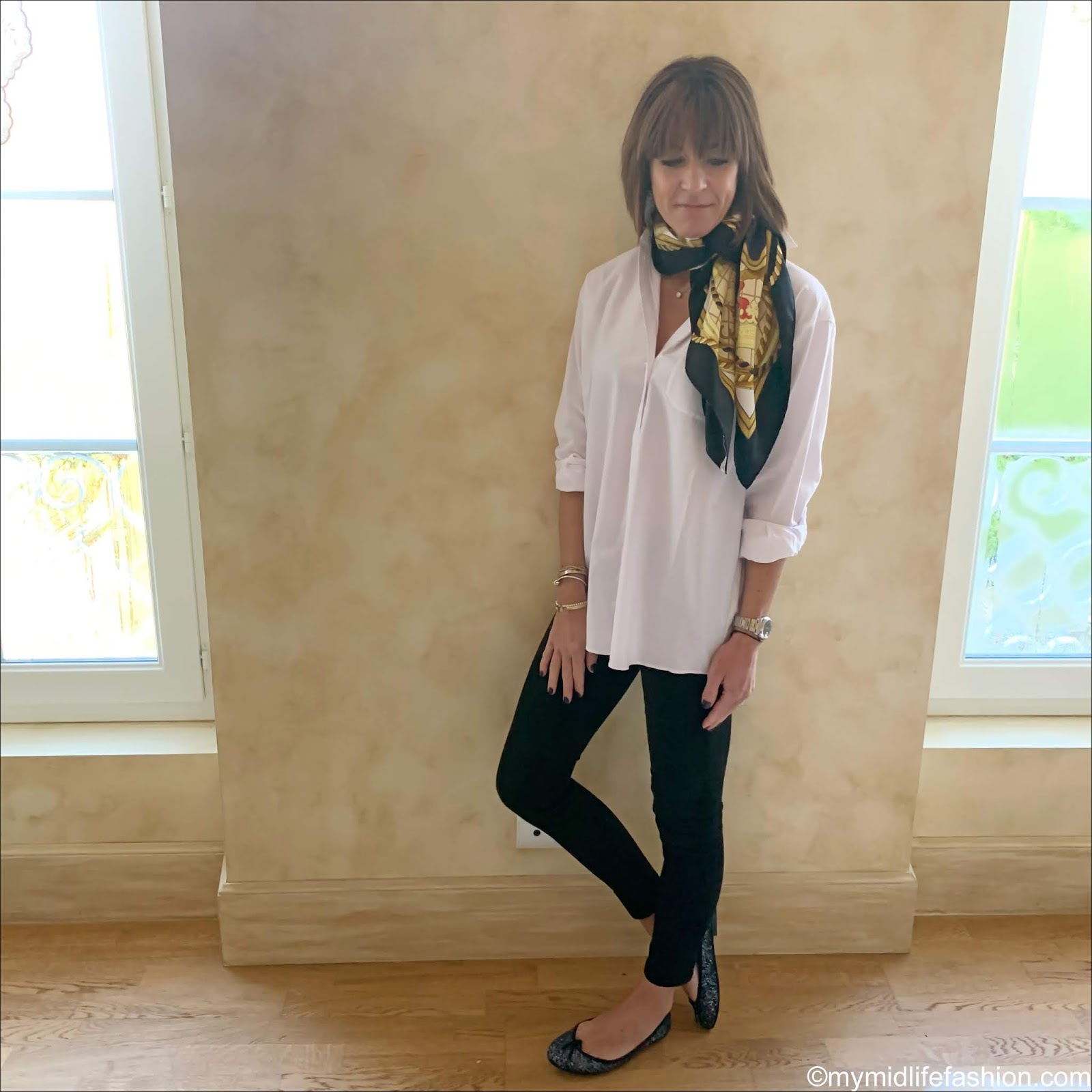 my midlife fashion, and other stories oversized shirt, Hermes silk scarf, j crew 8 inch toothpick jeans in true black, French sole Henriette glitter pumps