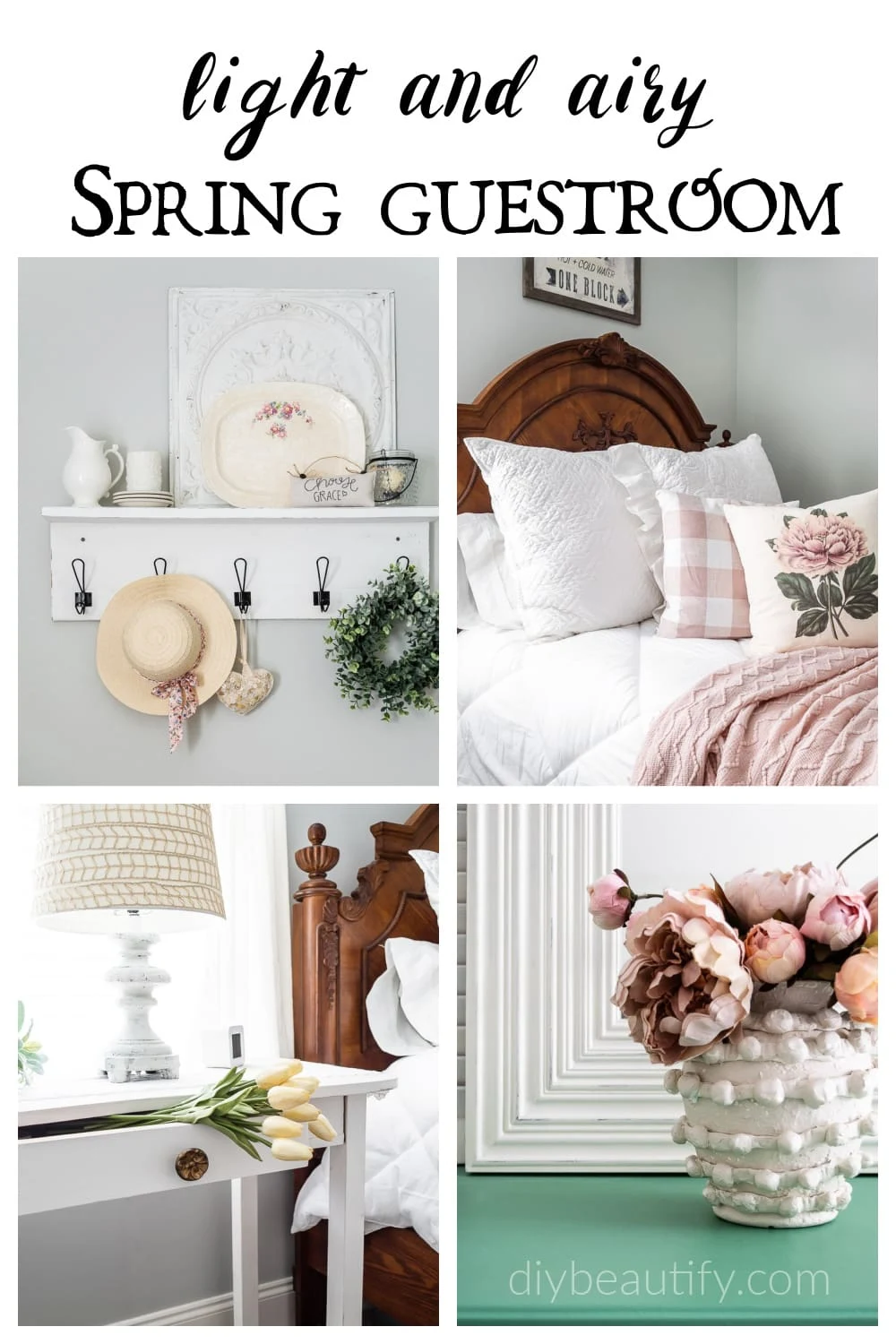 white ironstone stacks, cottage decor, blush pink, white and green spring bedroom