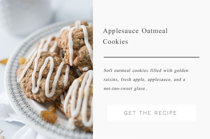 A traditional oatmeal raisin cookie is given fall flavor with cut up apples, applesauce and golden raisins, along with a not-too-sweet drizzle of glaze.