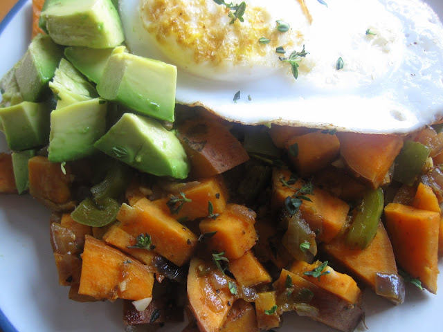 Chile Sweet Potato Hash with Eggs and Avocado