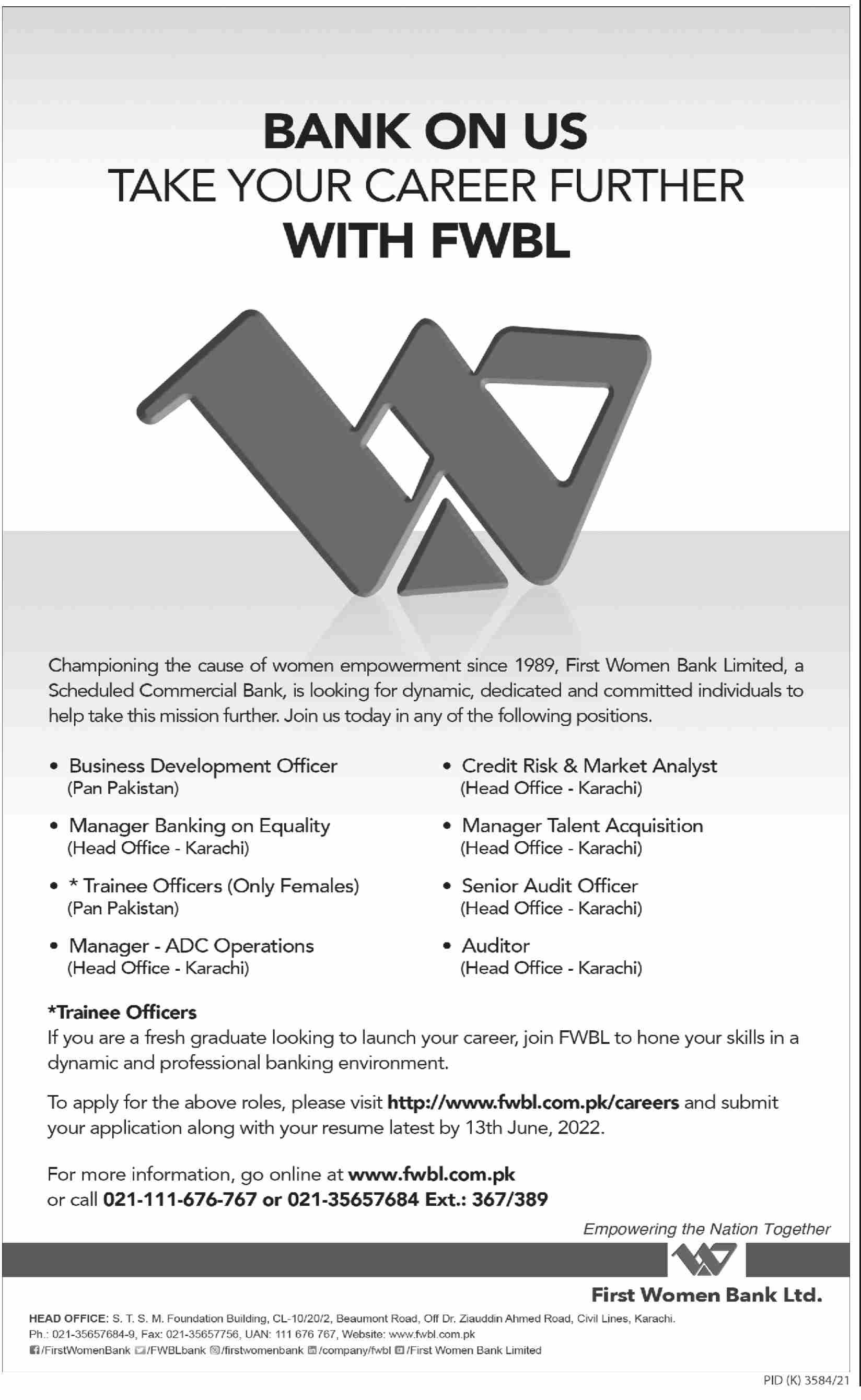 First Women Bank Jobs Sindh Karachi 2022