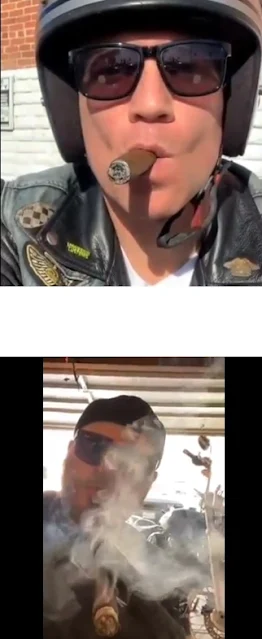 Screenshot of two bikers wearing leather smoking cigars in the videos with this post