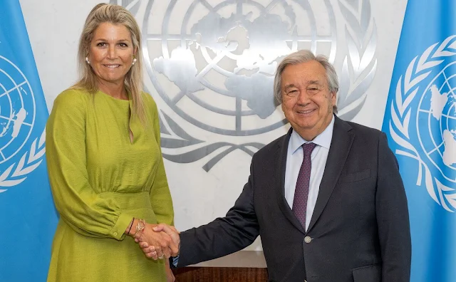 Queen Maxima wore a new olive Tasha viscose maxi dress by Natan. UN Secretary-General Antonio Guterres