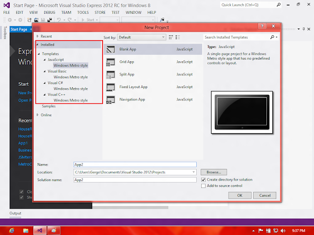 Visual Studio 2012 - New Project - Templates