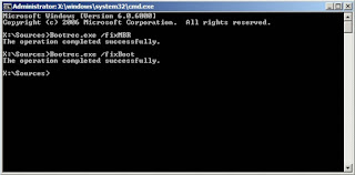 ketikkan Bootrec.exe /fixmbr (lalu enter) dan Bootrec.exe /fixboot (lalu enter)