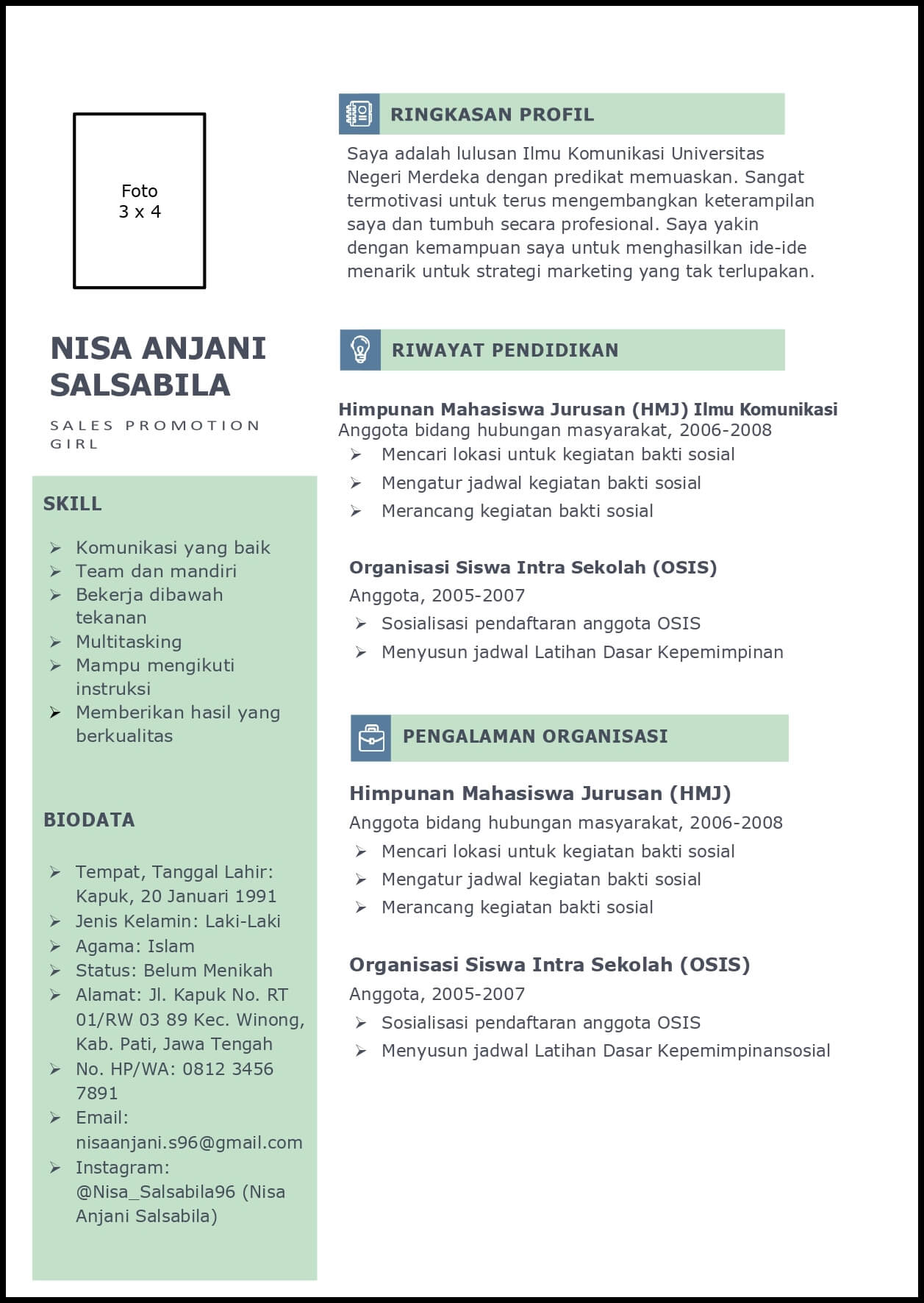 Contoh Curriculum Vitae (CV) Untuk Sales Promotion Girl (SPG) Dan Sales Promotion Boy (SPB)