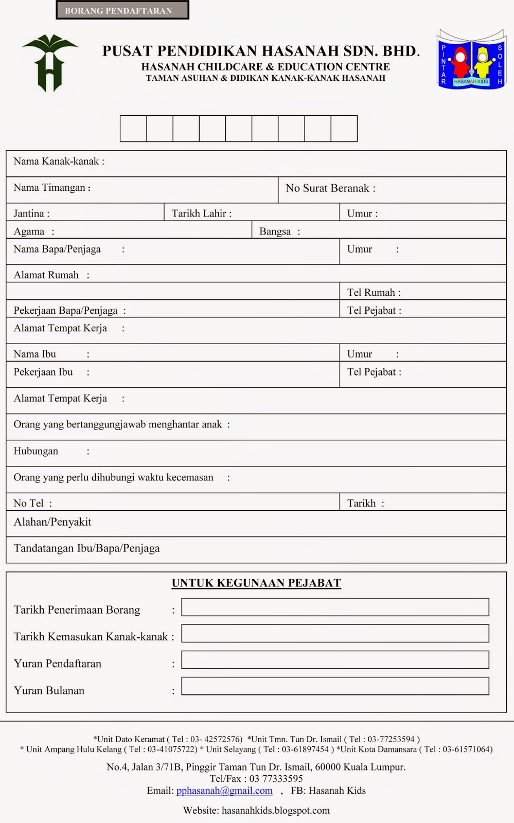 HASANAHKIDS-TADIKA/TASKA*KELASALQURAN*TRANSIT: Borang 