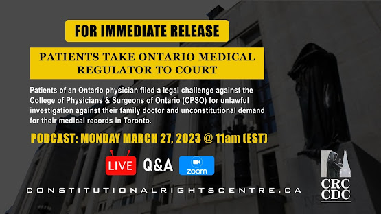 Canada CPSO constitutional rights privacy Ontario Toronto medicine lawsuit COVID masking