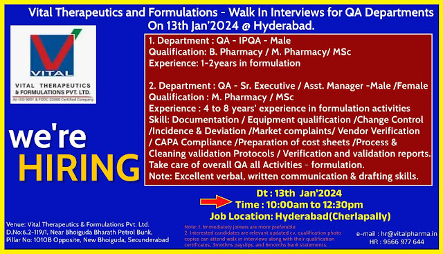 Vital Therapeutics and Formulations - Walk In Interviews For QA Departments