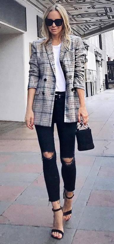 how to style ripped jeans : plaid blazer + bag + top + heels