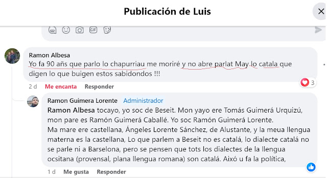 Ramón Albesa: "Yo fa 90 añs que parlo lo chapurriau me moriré y no abre parlat May lo catala que digen lo que buigen estos sabiondos