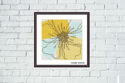 Abstract watercolor blue yellow flower cross stitch pattern  - Tango Stitch