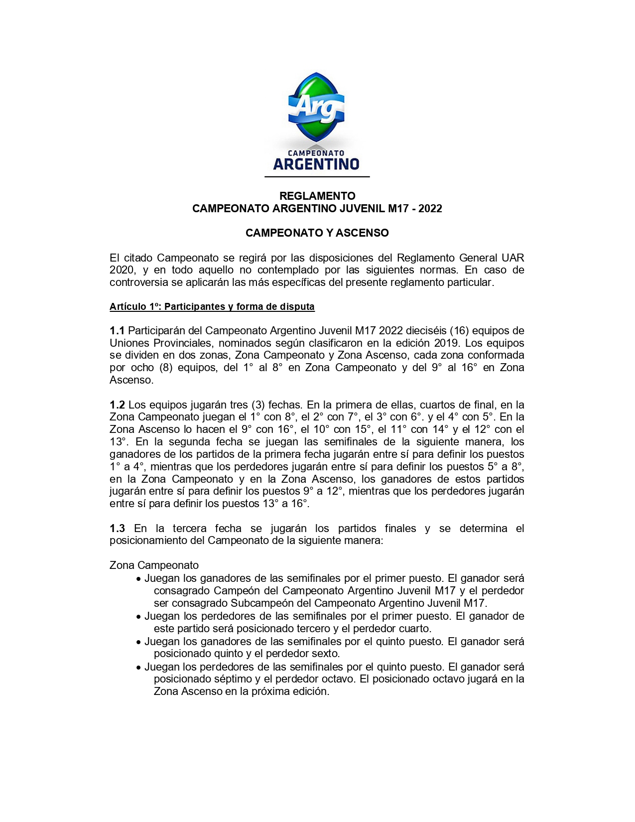 Reglamento del Campeonato Argentino Juvenil M17 2022 #UAR
