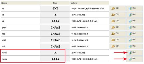 Eliminazione record www dns tophost
