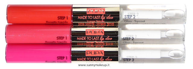 Pupa - Coral Island. Made To Last Lips. 001 Hot Coral, 002 Pink Sunrise, 003 Fuchsia Passion.