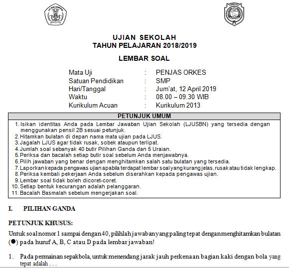 Soal Dan Kunci Jawaban USBN SMP Penjas Orkes Kurikulum 2013 Tahun Pelajaran 2018/2019