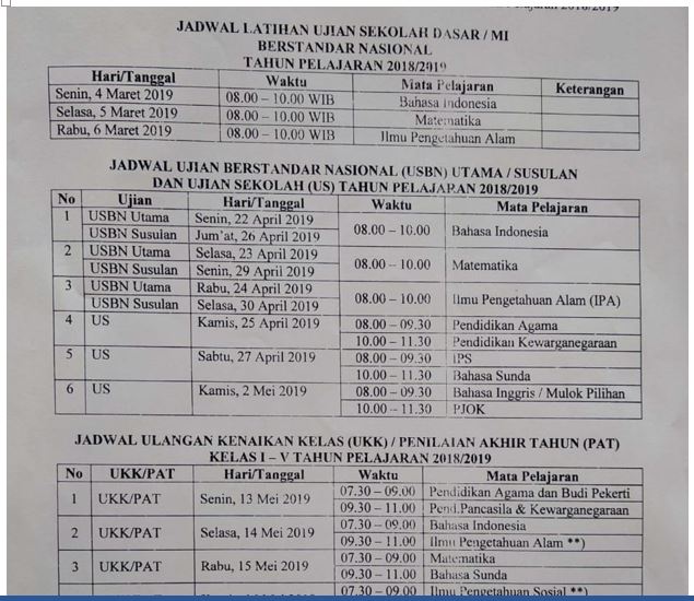 Jadwal Pelaksanaan Latihan Ujian, UKK, Dan USBN SD Tahun Pelajaran 2018/2019-https://bingkaiguru.blogspot.com