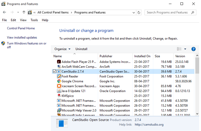 Programs & Features Window.