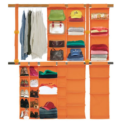 orange closet organizer, hangs from rod, double hang rod built it