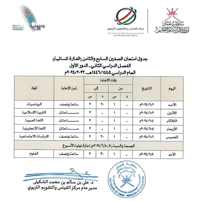 جدول امتحانات الصف السابع والثامن 2024 الفترة المسائية