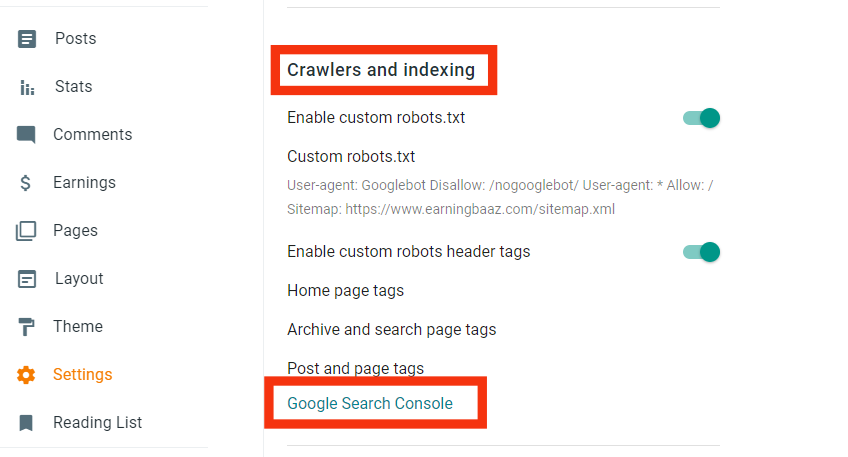 Then scroll down the next window and go to the crawlers And Indexing section. In this section below, the Blue Color has to click in your console account by clicking on the Google Search Console. The details are in the photo below.