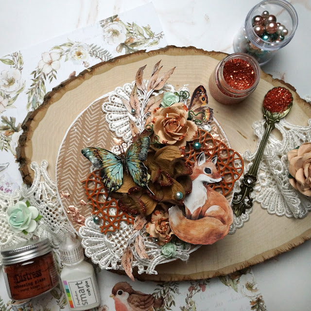 Autumn decor mixed media vignette made with: P13 Forest Tea Party papers; Reneabouquets butterfly, paper flowers, pearls, glitter glass, lace, chipboard; Tim Holtz Distress Glaze and Paint; Scrapbook.com Smart Glue and foam adhesive; Prima Marketing Finnabair copper metallic foil flakes