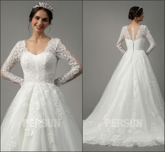 Robe de mariée longue au sol princesse avec manches longues en dentelle col en U