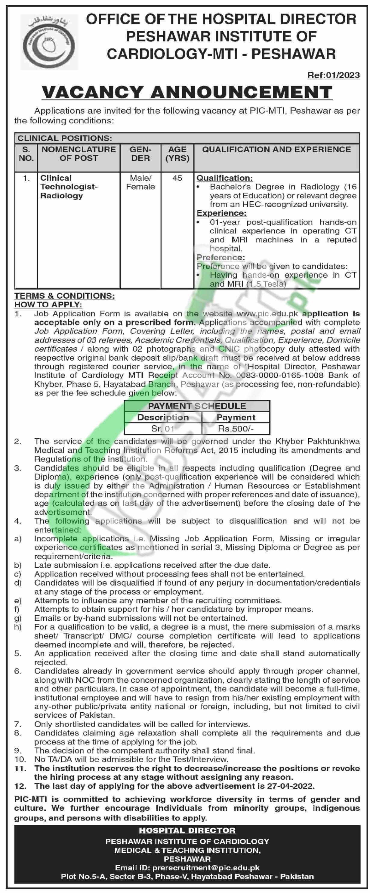 PIC Peshawar Jobs Advertisement 2023 govt jobs in pakistan | www.pic.edu.pk