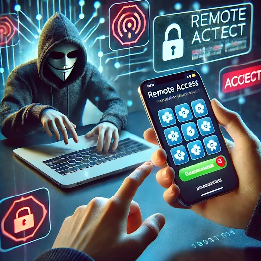 A 3D digital illustration showing a person unknowingly granting remote access to a hacker through a smartphone. The hacker, represented as a shadowy figure, monitors the victim’s banking apps via a remote access tool.