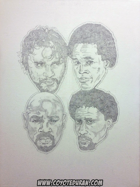 The Four Kings of Boxing, Roberto Duran, Sugar Ray Leonard, Marvelous Marvin Hagler and Thomas Hearns, 2h graphite layout on 18" X 24" stretched canvas to be finished in acrylic paint. Boxing art/painting by Coyote Duran.