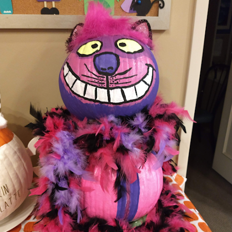 Photo of pumpkin decorated as Cheshire Cat