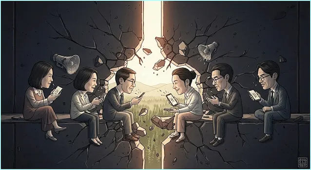 정치적 분열의 벽이 갈라지고 그 틈으로 빛이 새어 들어오며, 서로 다른 한국인들이 스마트폰 없이 대화하며 갈등을 해결하는 핀란드 시트라 모델을 상징하는 희망적인 일러스트.