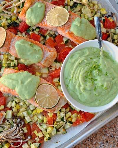 Sheetpan Salmon with Garden Hash & Creamy Avocado Sauce, another Sheetpan Supper ♥ KitchenParade.com. One pan, one oven, one magnificent meal.