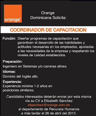 #Empleo  Orange Dominicana solicita Coordinador de Capacitación