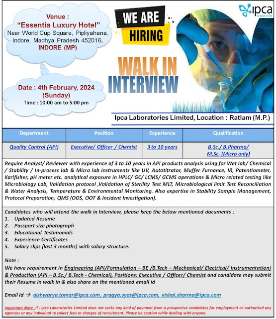 Ipca Laboratories Walk In Interview For Quality Control Department