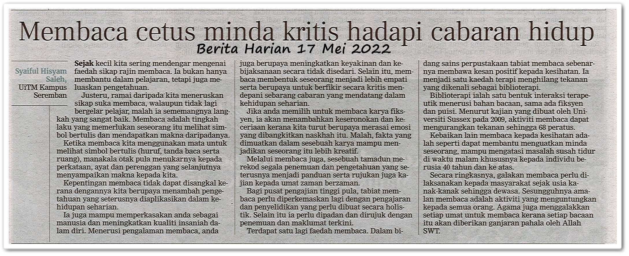 Membaca cetus minda kritis hadapi cabaran hidup - Keratan akhbar Berita Harian 17 Mei 2022