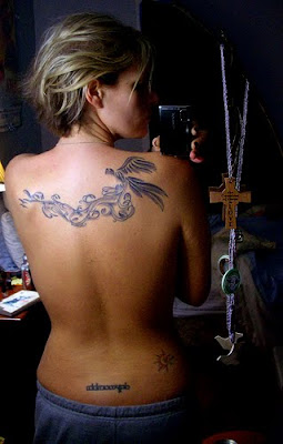 Japanese Bird and Flower Tattoo Design on Back Girl