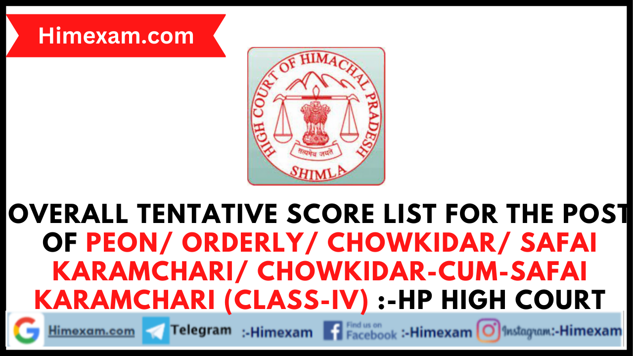 Overall Tentative Score List  for the Post of Peon/ Orderly/ Chowkidar/ Safai Karamchari/ Chowkidar-cum-Safai Karamchari (Class-IV) :-HP High Court