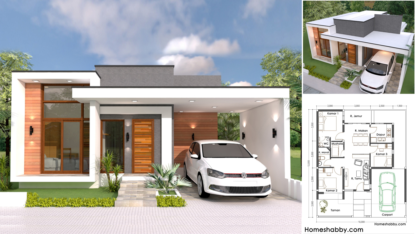 Desain Dan Denah Rumah Minimalis Modern Lengkap Dengan Mushola Serta 3 Kamar Tidur Ukuran Rumah 10 X 12 M Homeshabbycom Design Home Plans