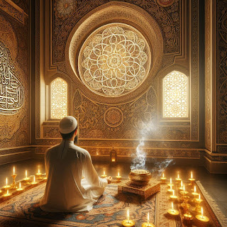 A Spiritual image description to go with hadith e kisa, maybe someone praying dhikr on a praying rug with spiritual calm energies, candles incense the flower of life and Arabic calligraphy on the walls