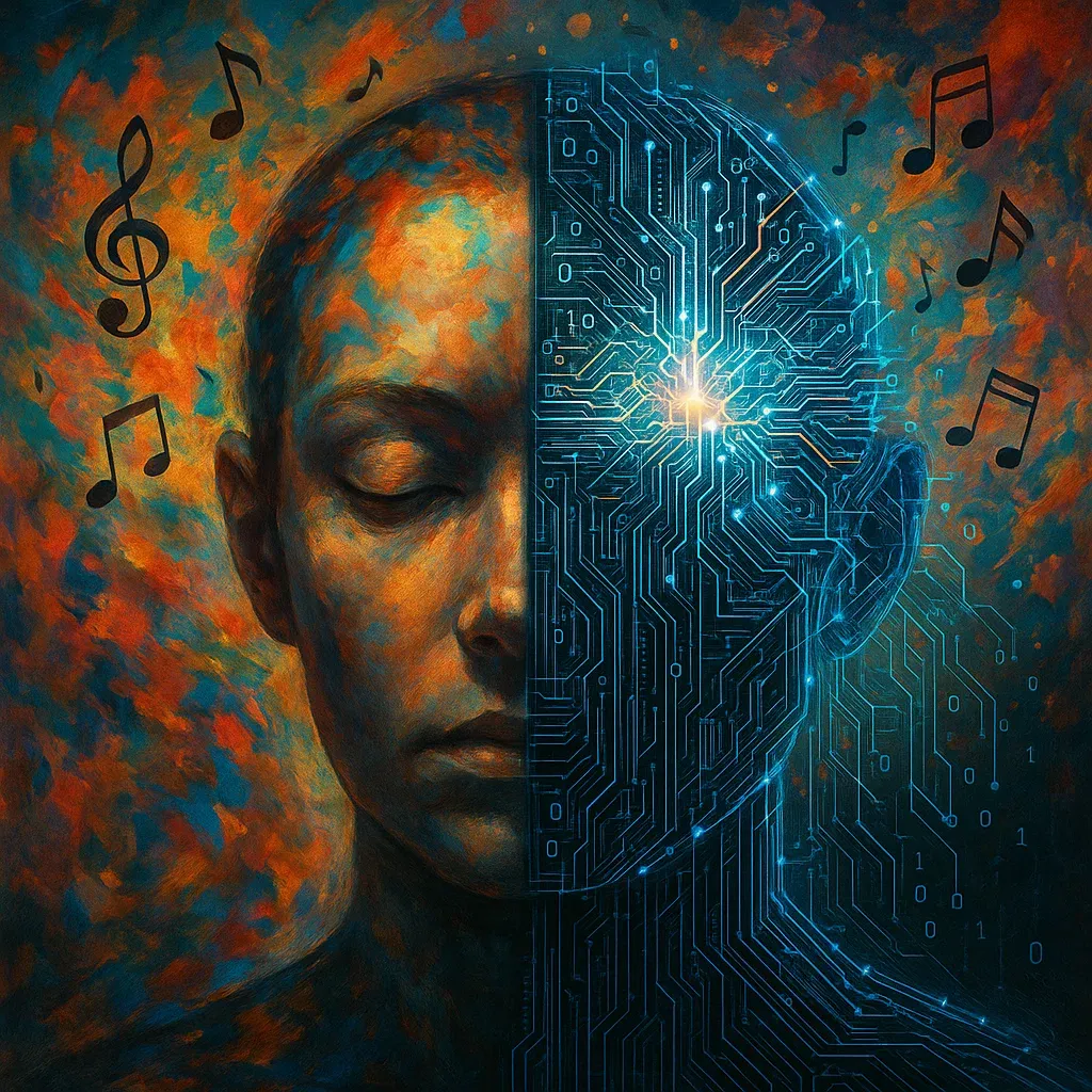 Un cerebro humano fusionado con una red neuronal de inteligencia artificial, simbolizando la co-creación entre la mente humana y los algoritmos.